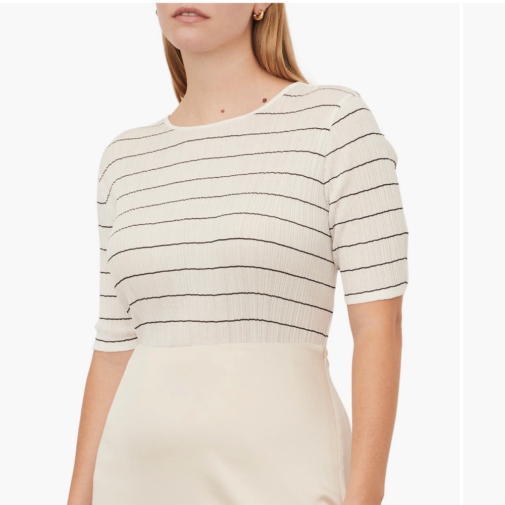 Vince Variegated Stripe Elbow Sleeve Cream and Navy Cotton Top